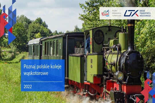 strona tytułowa przewodnika "Poznaj polskie koleje wąskotorowe" przedstawiająca jedną z kolejek wąskotorowych            olejkę wąskotorową